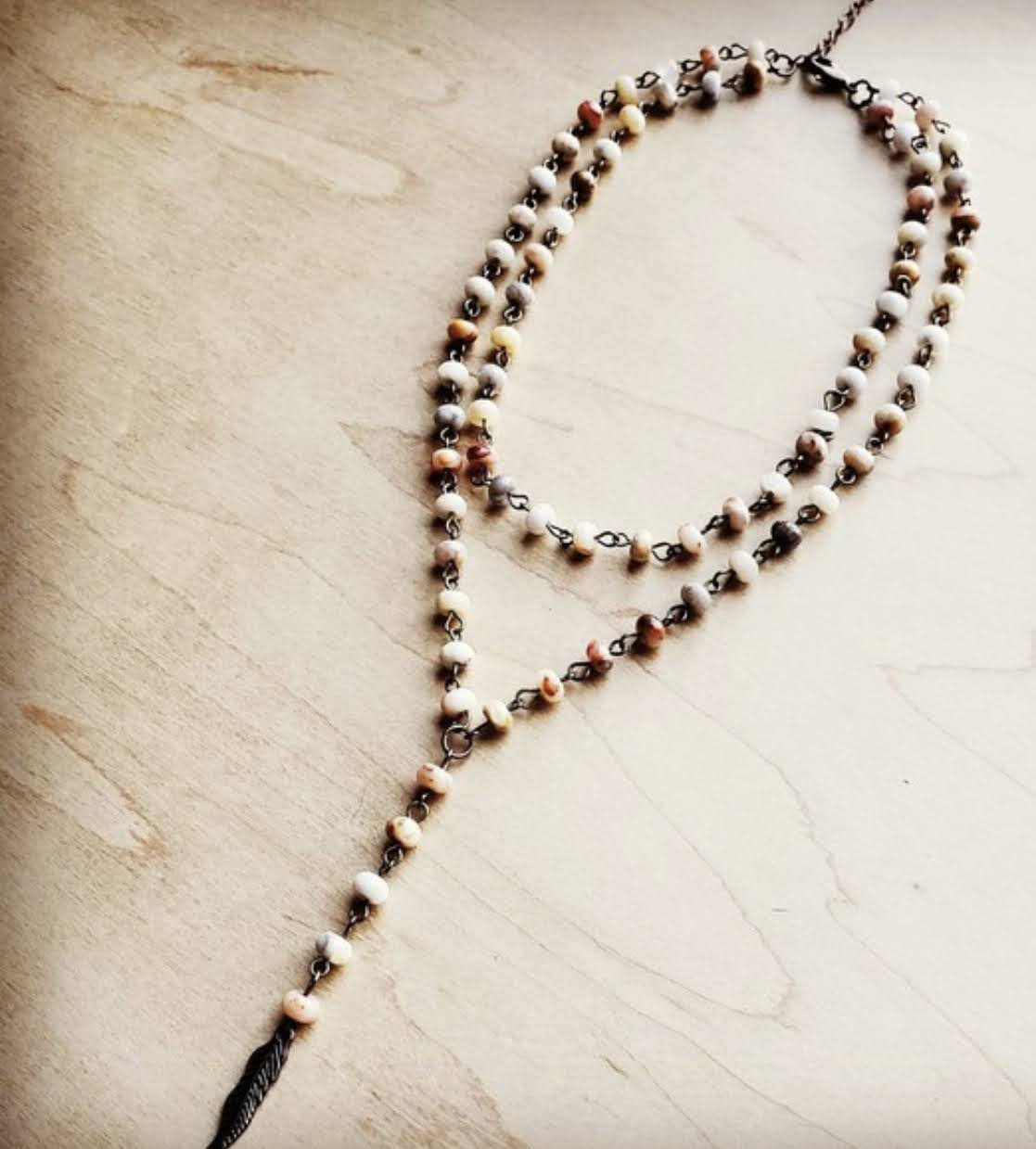 Double Strand Lariat Beaded Necklace with Feather