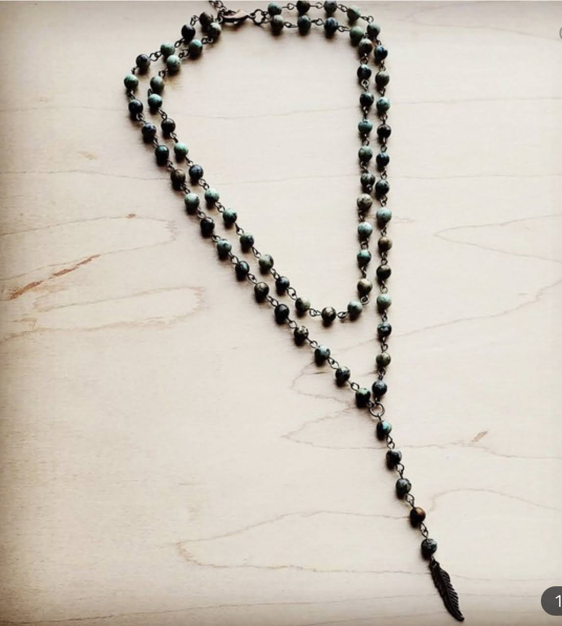 Double Strand Lariat Beaded Necklace with Feather