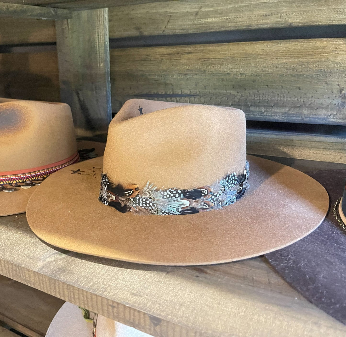 Brown cowboy hat with feather band on a wooden surface