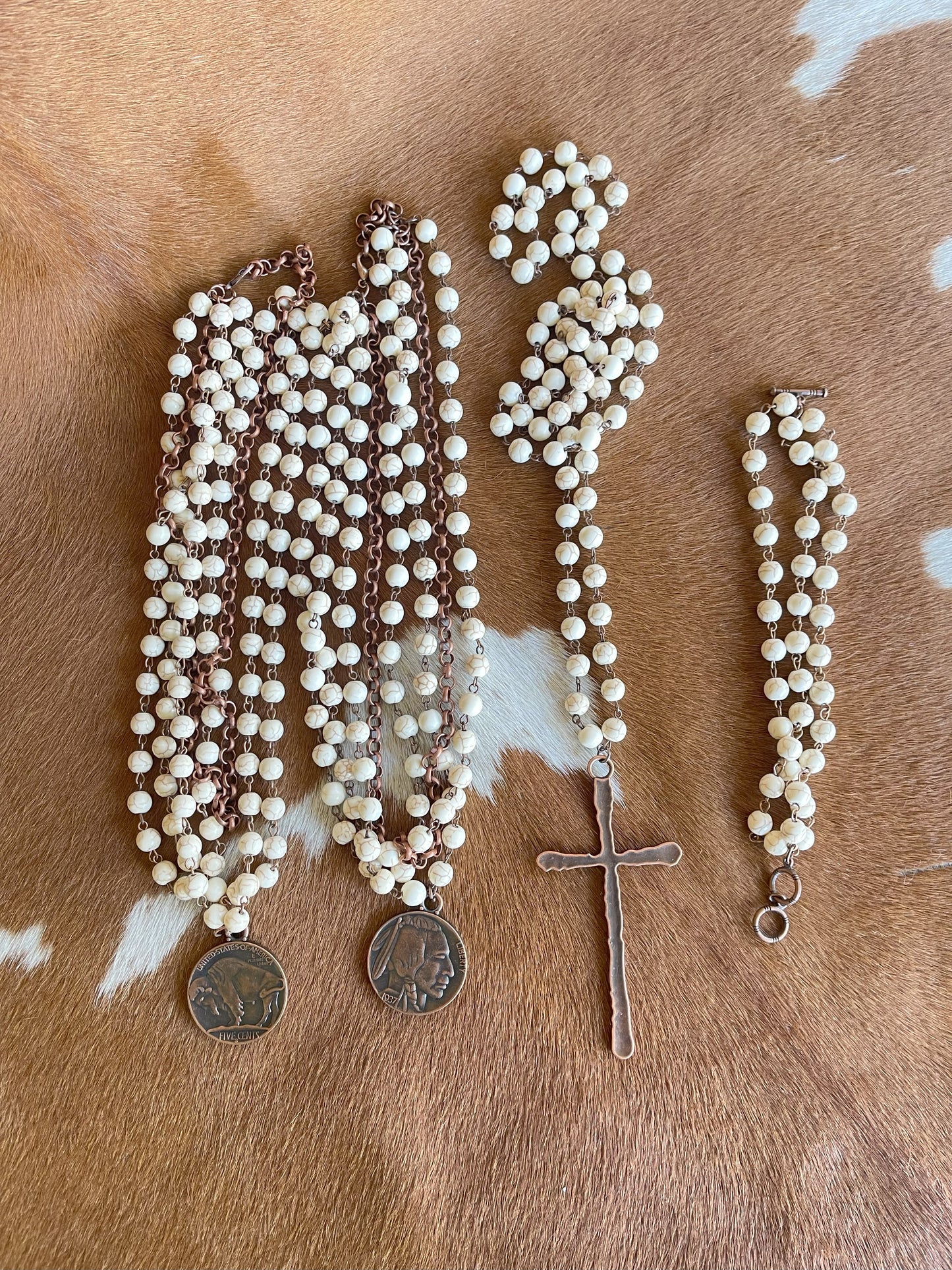 White Turquoise Long Beaded Necklace with Antique Copper Cross