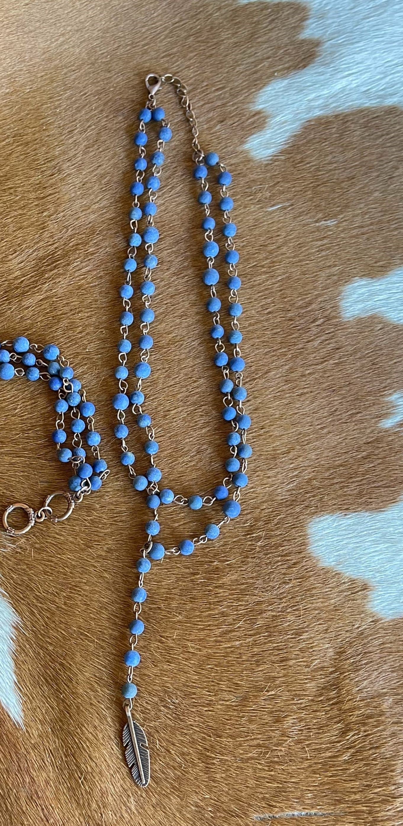 Double Strand Lariat Beaded Necklace with Feather