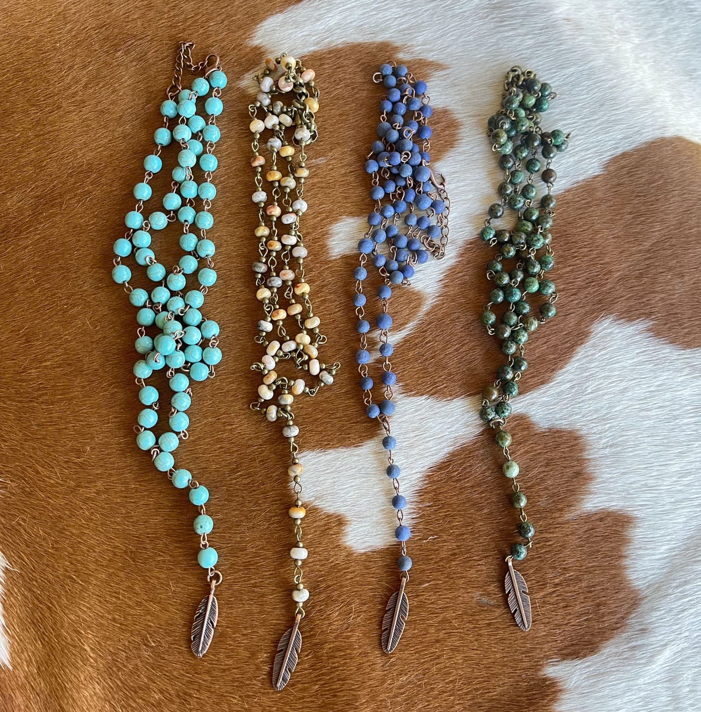 Double Strand Lariat Beaded Necklace with Feather