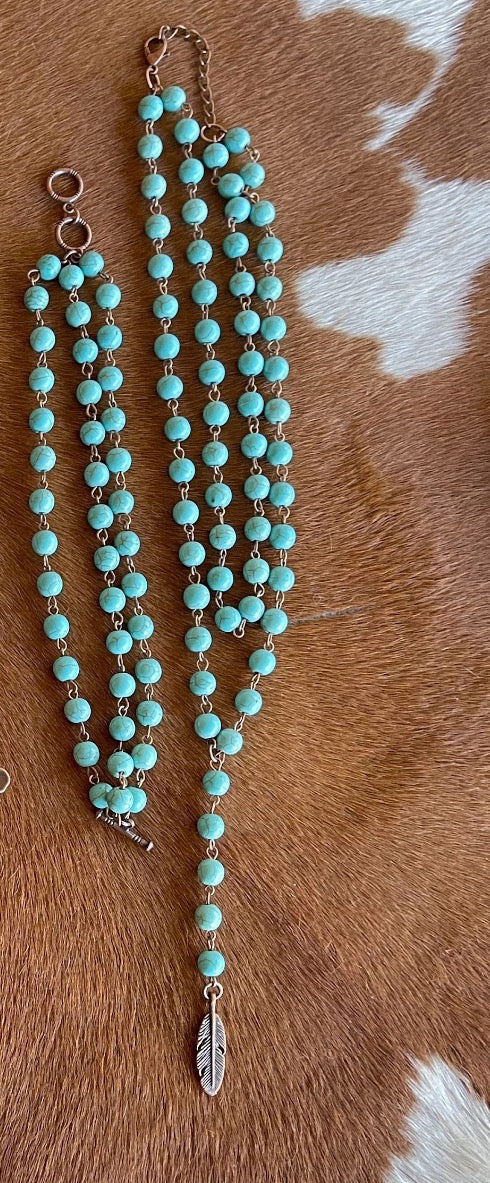 Double Strand Lariat Beaded Necklace with Feather