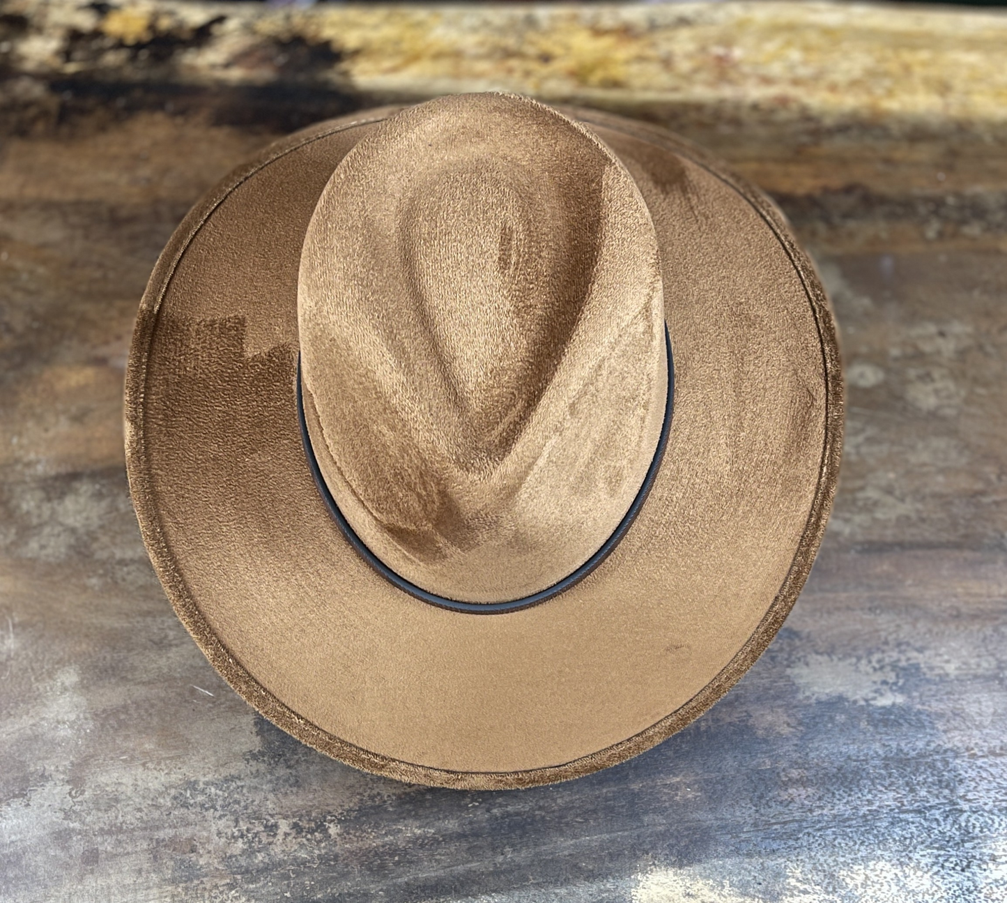 Tobacco brown vegan suede outback style hat with a structured crown and brim for men and women.