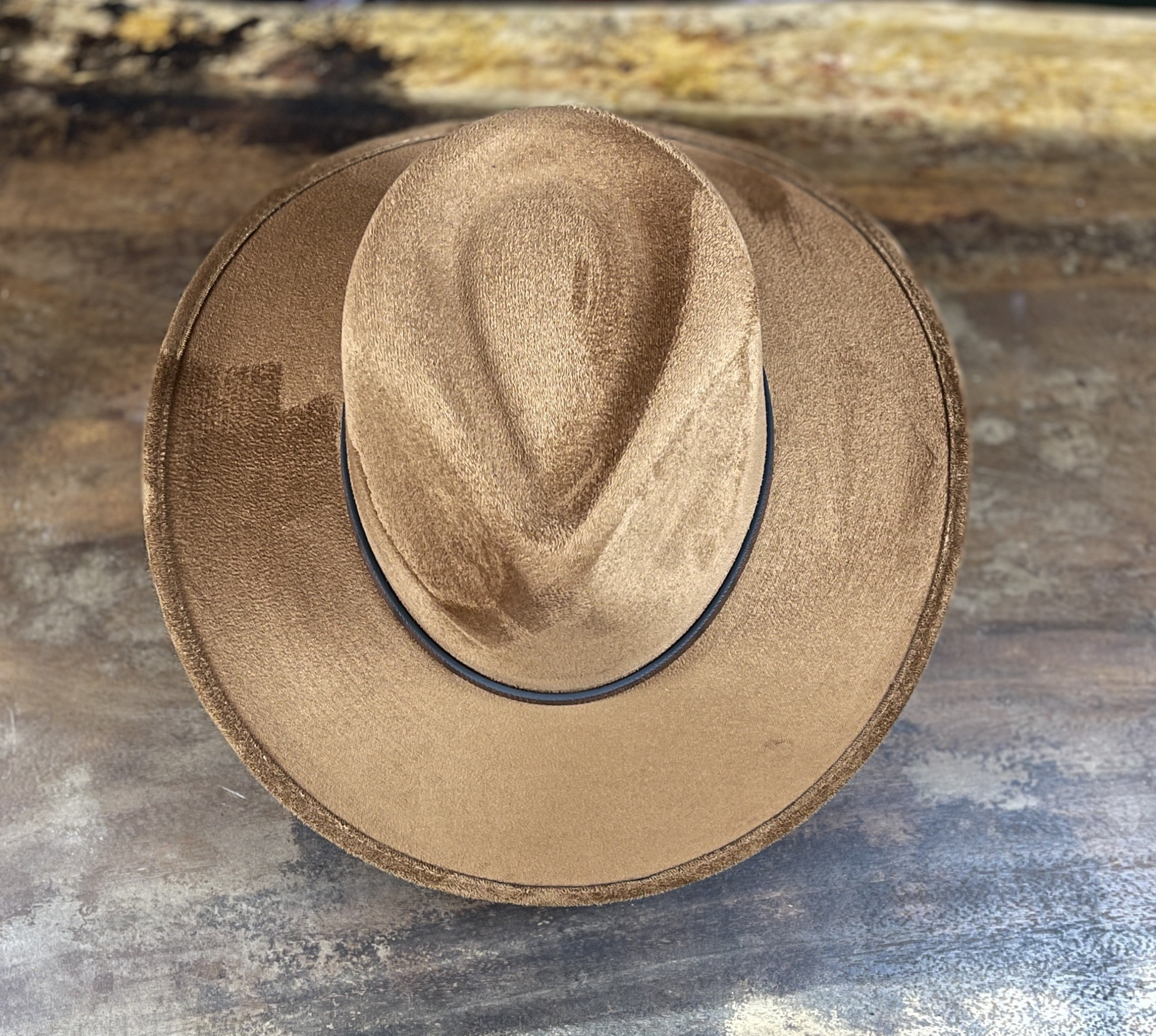 Tobacco brown vegan suede outback style hat with a structured crown and brim for men and women.