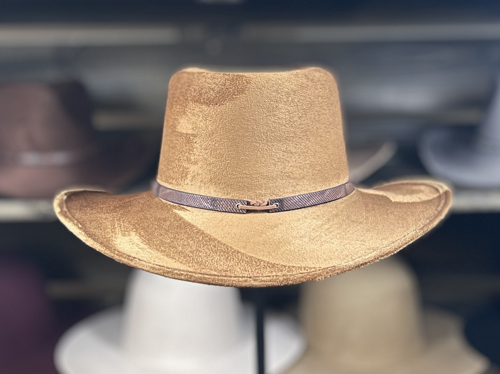 Tobacco brown vegan suede outback style hat with a faux leather tied band for men and women.