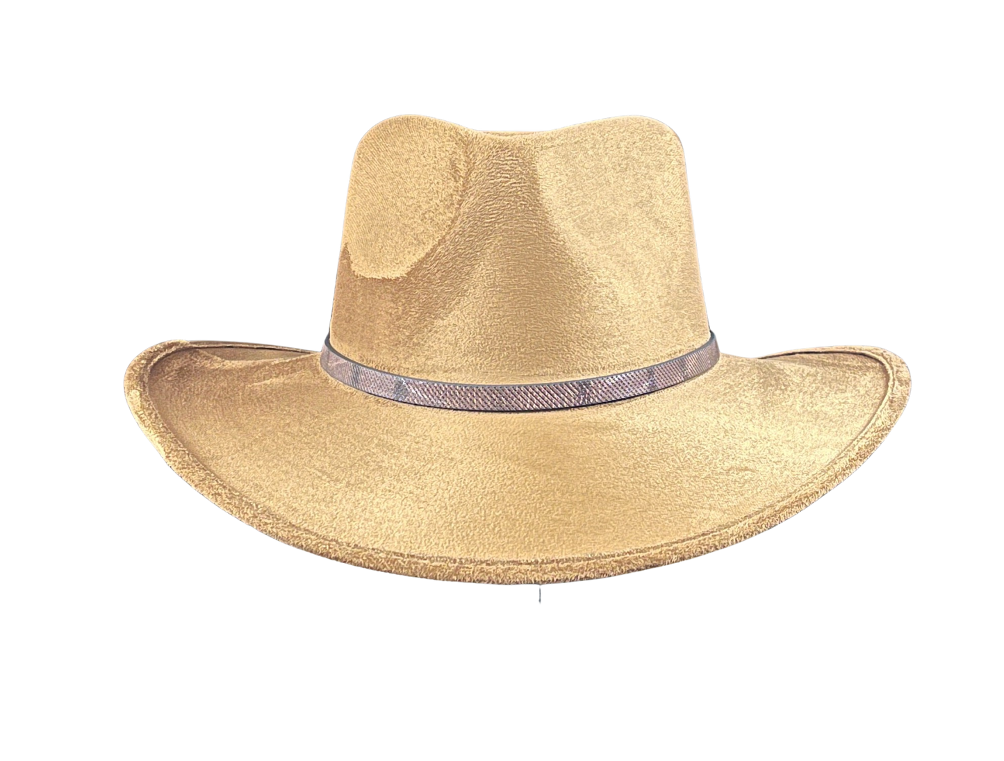 Tobacco brown vegan suede outback style hat with a faux leather tied band for men and women.