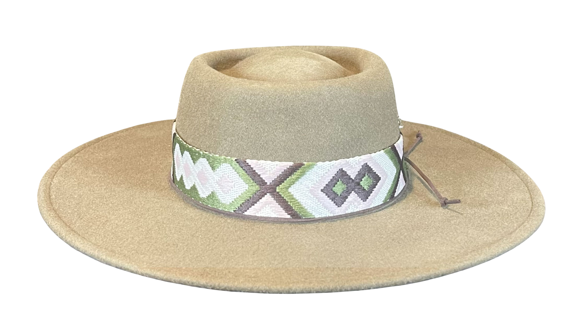 Olive green wide-brimmed hat with a patterned band on a white background