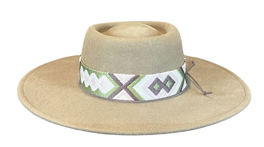 Olive green wide-brimmed hat with a patterned band on a white background