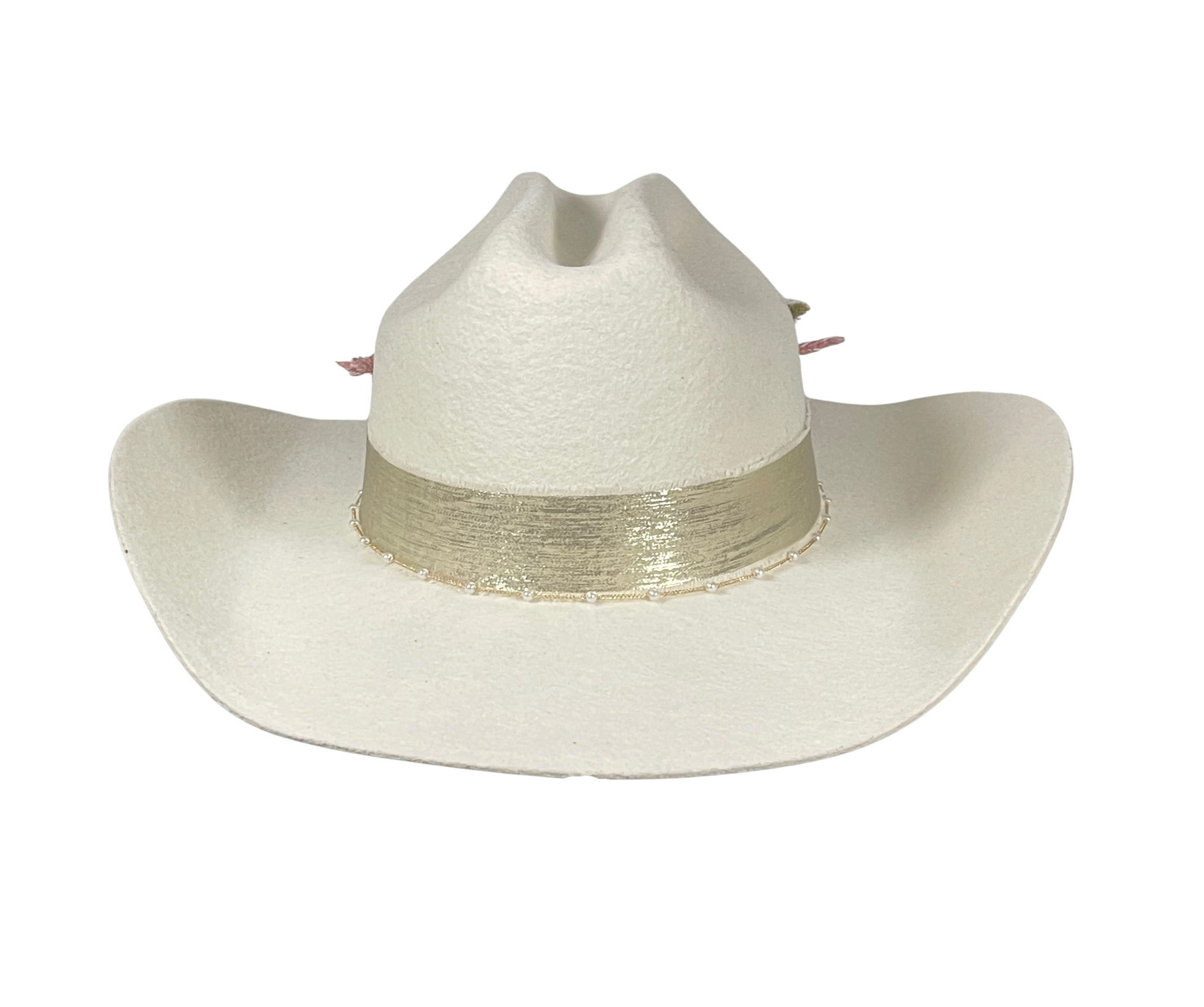 Wedding style cowboy hat in a creamy white with flowers.